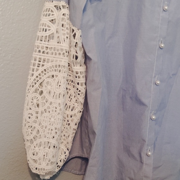 Chicos Lace Style Sleeve Blue Stripe Pearl Button - Picture 3 of 15